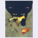 Illustration of a black cat looking down at a tiny person. It has a dead bird in its mouth, a dead goldfish at its foot and a tiny bug nearby.