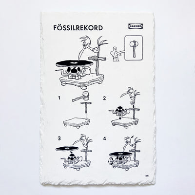Illustration done in a mock furniture construction guide of a record player made out of a turtle and a bird, taking iconography and humor from The Flintstones.