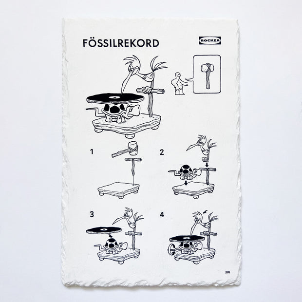 Illustration done in a mock furniture construction guide of a record player made out of a turtle and a bird, taking iconography and humor from The Flintstones.
