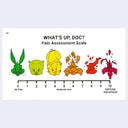 A novelty artwork featuring a cartoon-style pain assessment scale titled 'WHAT'S UP, DOC? Pain Assessment Scale.' The scale shows five progressively more distressed cartoon faces in green, yellow, orange, and red, with a numeric line from 0 to 10 labeled 'No Pain' through 'SUFFERIN' SUCCOTASH".