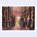 Artistic depiction of a pair of people walking under a sunset sky into a park with bare trees.