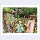 Illustration of a woman and a girl in a garden with a thatched-roof house in the background.