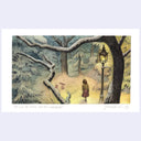 Winter scene with a person walking under a street lamp in a snowy forest