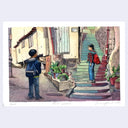 Painting based on a film still from Past Lives of 2 kids looking at one another, they both wear backpacks and one stands on stairs about to go up them.