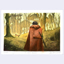 Painting based on a film still from The Green Knight, the back view of a man wearing a red cloak and holding a spear. He looks out towards a small fox in a forest.