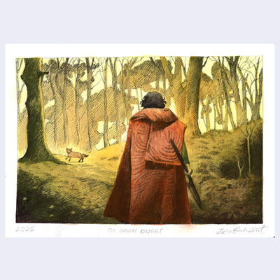 Painting based on a film still from The Green Knight, the back view of a man wearing a red cloak and holding a spear. He looks out towards a small fox in a forest.
