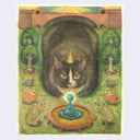 Illustration of a black cat with a white stripe on its face, sitting in a "loaf" shape while wearing a small yellow party hat. It sits in front of a blue game pawn, with various creatures (fish, mice, birds) sitting around in apparent worship.