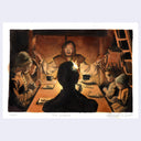 Painting based on a film still from The VVitch of a family gathered at a table in prayer over food, with the only light in the scene coming from a candle on the table.