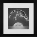 Soft graphite illustration of a large whale like skeleton, jumping over a still body of water. A swing is attached to one of its tailbones and a skeleton sits and swings from it.