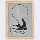 Framed artwork of a stylized bird with a crescent moon on a gray background