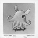 Softly rendered graphite illustration of a small, cute vampire squid riding on a skateboard.