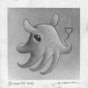 Grayscale illustration of a small, cute vampire squid holding a steamy cup of coffee.