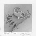 Graphite illustration of a cartoon dragon character, seen from the side profile with a smiling face.