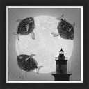 Greyscale ink and graphite illustration of 3 fish, floating in the sky in a circle, swimming clockwise. In the bottom right corner is a lighthouse and behind the whole scene is a giant glowing moon, taking up most of the image space.