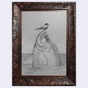 Pencil drawing of a fish with a bird perched on its head. The large fish is half emerged from water with tall grass in the background. Piece is in a decorative frame.
