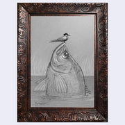 Pencil drawing of a fish with a bird perched on its head. The large fish is half emerged from water with tall grass in the background. Piece is in a decorative frame.