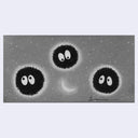 Gray graphite illustration of 3 soot sprites in a night scape.