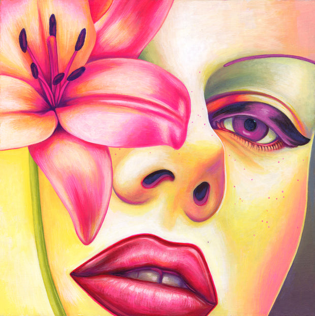 Colorful painting of a woman's face, very close up, with pink and purple makeup. She holds a pink lily in front of her face.
