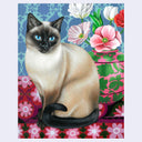 Painting of a Siamese cat sitting on a floral tablecloth with a vase holding flowers behind it.