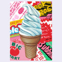 Painting of a highly rendered soft serve cone on a background made up of candy wrappers.