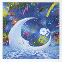 Colorful illustration of a crescent moon with a flower inside, floating on water and surrounded by abstract shapes and patterns.