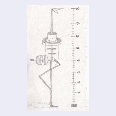 Graphite illustration of a tall robot standing next to a measurement graph.