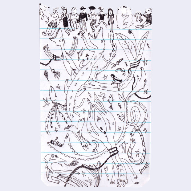 Pen illustration on a piece of torn notebook paper with illustrated people made from the abstract shapes of the tears.
