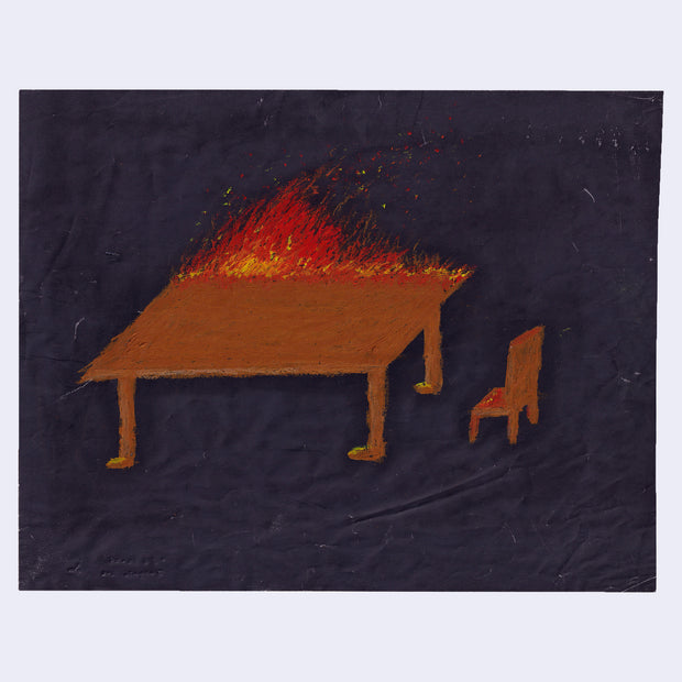 Drawing of a large wood table on fire, with a small wood chair sitting nearby.
