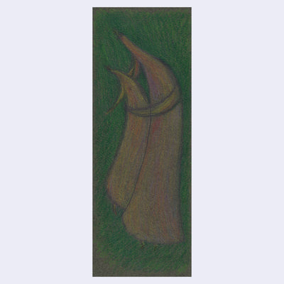 Colored pencil illustration of 2 long figures with banana like shapes, one is caressing the other.