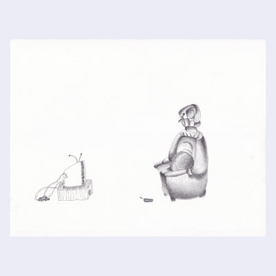 Pencil drawing of an object shaped like an armchair sitting in front of a tiny tv.