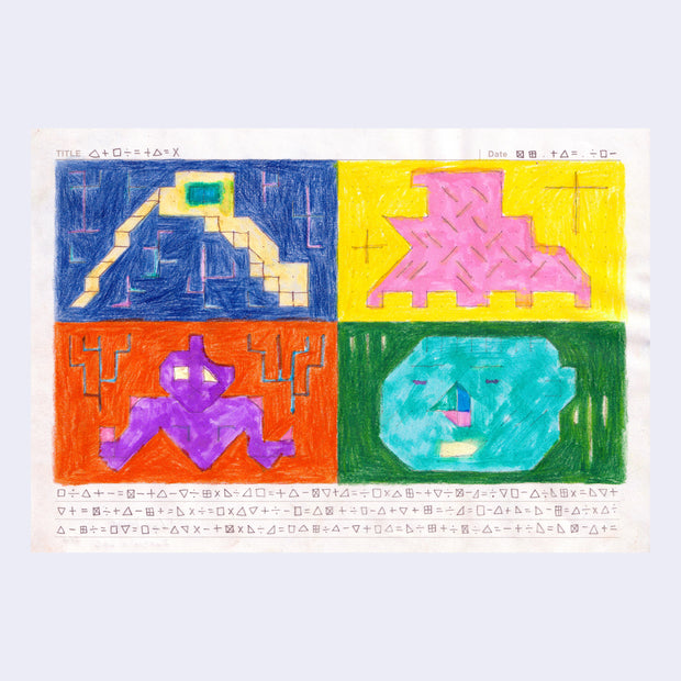 Marker illustration on white paper of various characters comprised of blocky shapes.