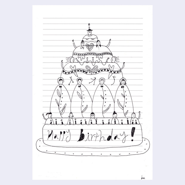Black ink illustration of a birthday cake made out of paper on a lined piece of paper.