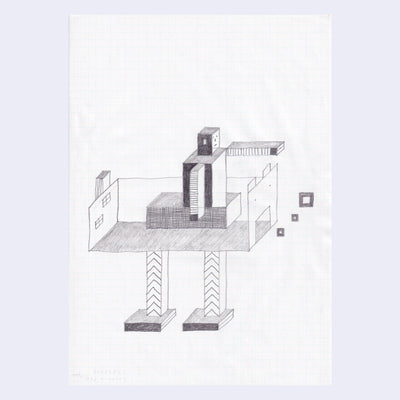 Graphite illustration of a robot standing in a cross section layout of a room.