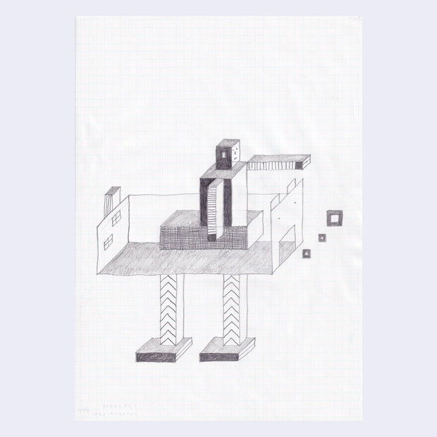 Graphite illustration of a robot standing in a cross section layout of a room.