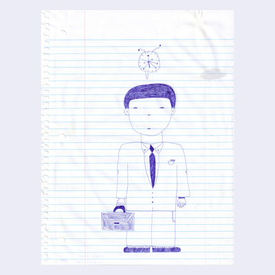 Pen drawing on ruled paper of a man in a suit holding a small briefcase with a broken clock overhead.