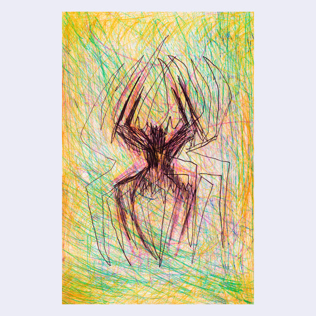 Stylistically messy color pencil illustration of the spiderman logo.