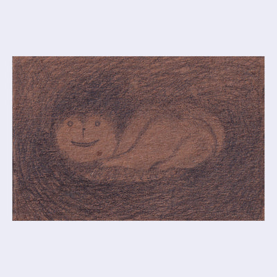 Graphite illustration on brown paper of a fuzzy laying cat like monster.