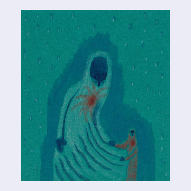 Illustration on teal colored paper of a person in a long white robe standing with a small person in a red robe tugging at their bottom hem.