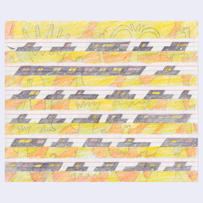 Colored pencil illustration of several rows of cars and abstract tree shapes.