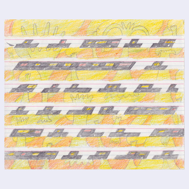 Colored pencil illustration of several rows of cars and abstract tree shapes.