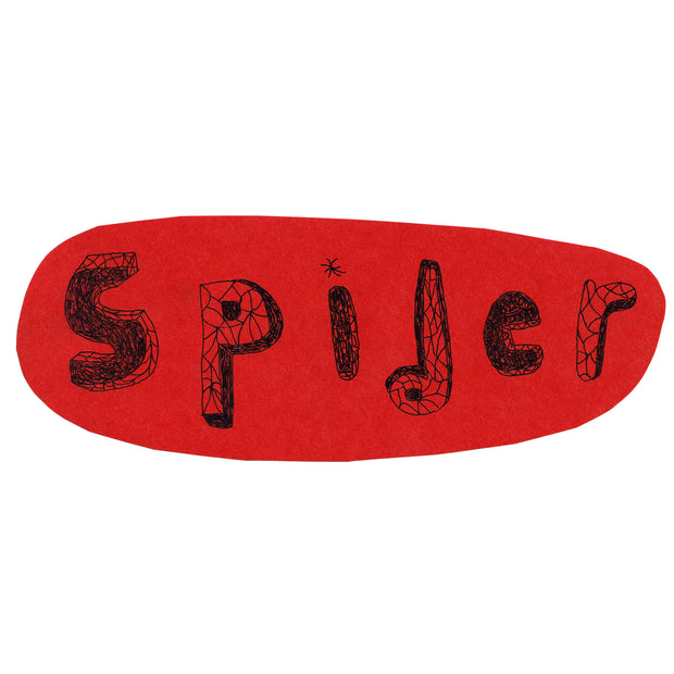 Ink drawing on oval shaped red paper of text that reads "spider" in a web like font.