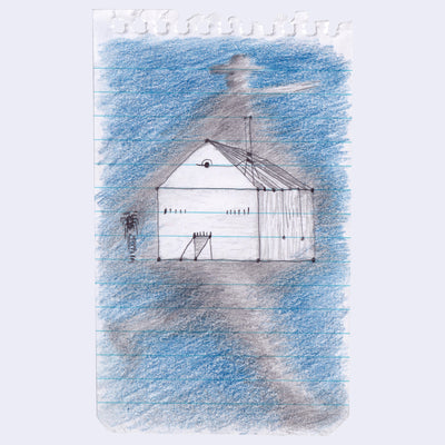 Color pencil illustration of a large shed, standing against a blue and gray sky.