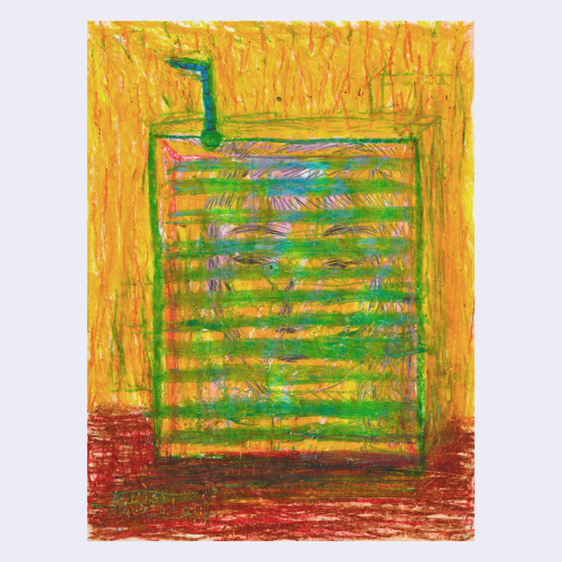 Colorful, stylistically messy illustration of a person looking through slots in a grate.