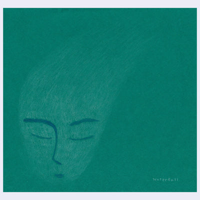 Soft color pencil illustration on teal paper of a person's head with closed eyes.