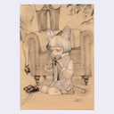Illustration on tan colored paper of a girl sitting on the floor, with mouse ears and a mouse tail. She sits in front of an armchair with adults standing in the background.