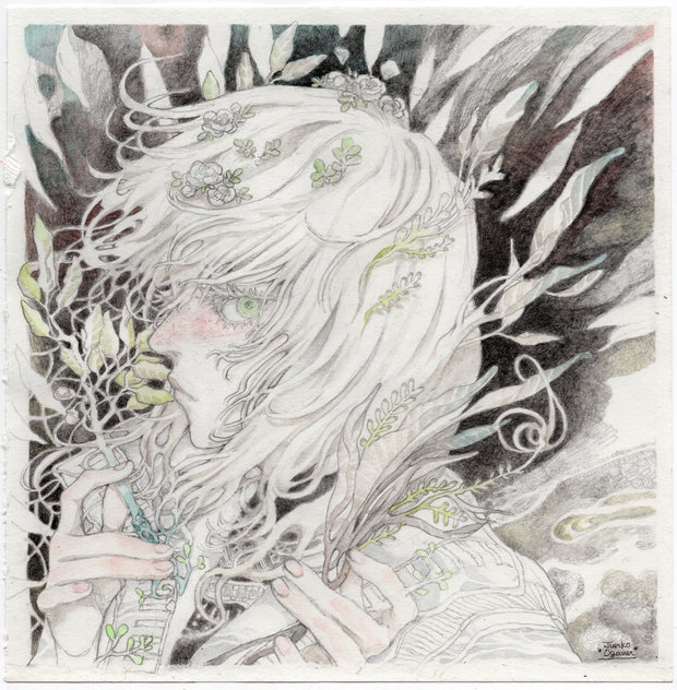 Softly rendered greyscale illustration of a person with white hair blowing in the wind and covering most of their forehead and cheeks. They look up at the viewer from a side profile and hold growing plant stems in their hands, 1 in each. 