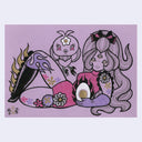 Sketch on purple paper of a girl with long hair lounging on the ground, wearing a pink bodysuit and black boots. She holds an open hard boiled egg.