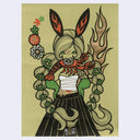 Sketch on olive green paper of a girl with flame patterned bunny ears. She smiles and holds a lobster in her mouth as her long braids fall around her.