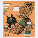 Sketch on orange paper of a girl with her hair put up, eating a kebab in front of a full plate of food and holding a frothy beer. A black cat extends its paw out towards the food.