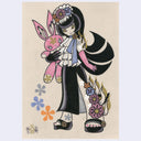 Illustration of a character holding a pink bunny plush.